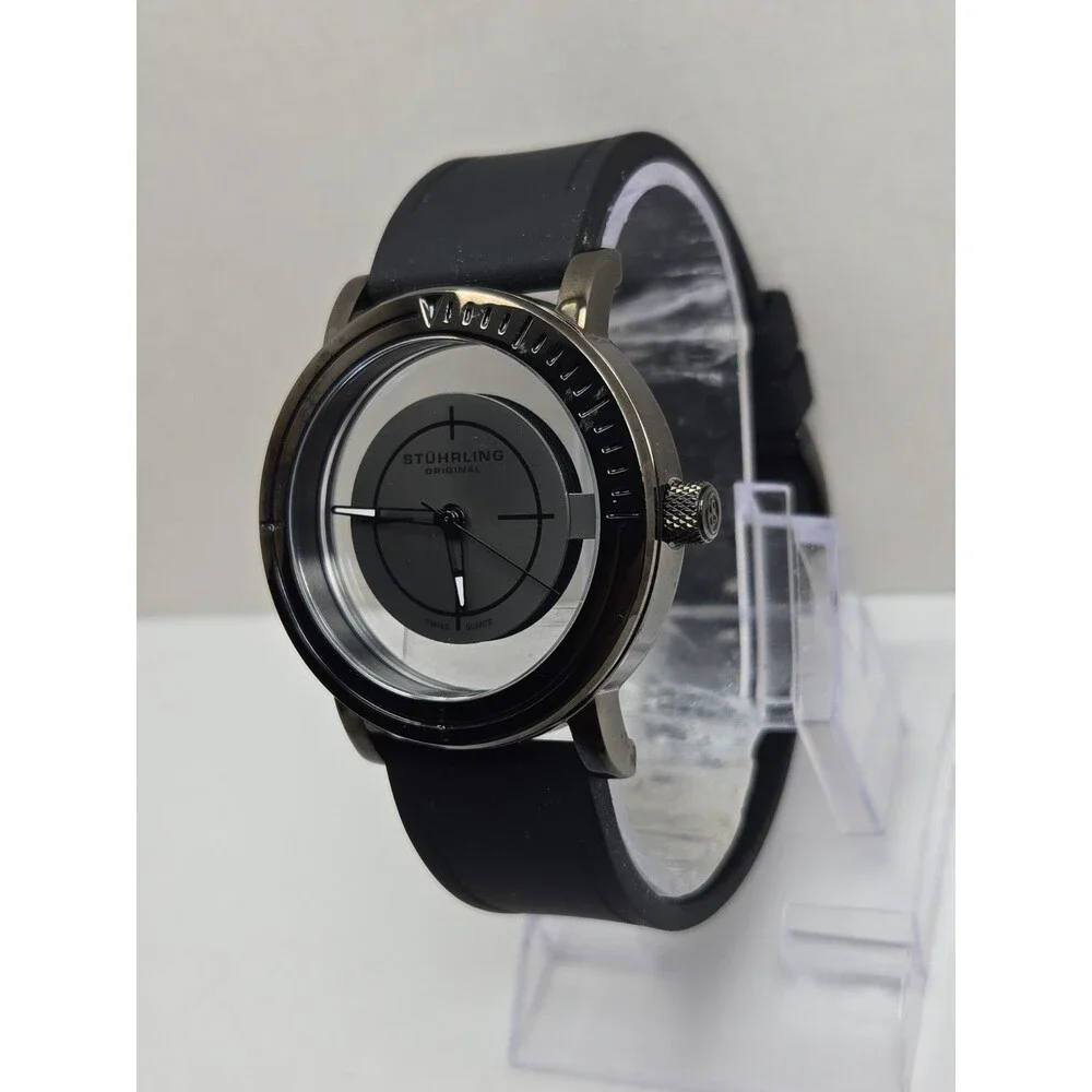 Stuhrling Original Aviator Mens Quartz Silver Dial Rubber Watch 42mm New Battery